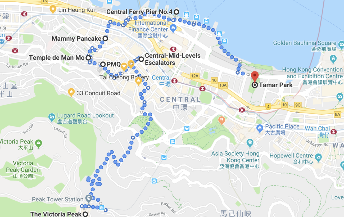 Itinéraire sur une carte pour visiter HK island