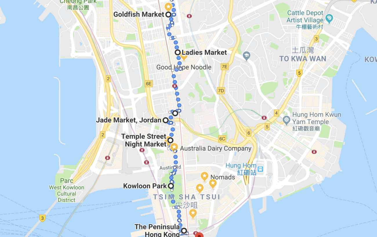 Itinéraire sur google map pour visiter Kowloon